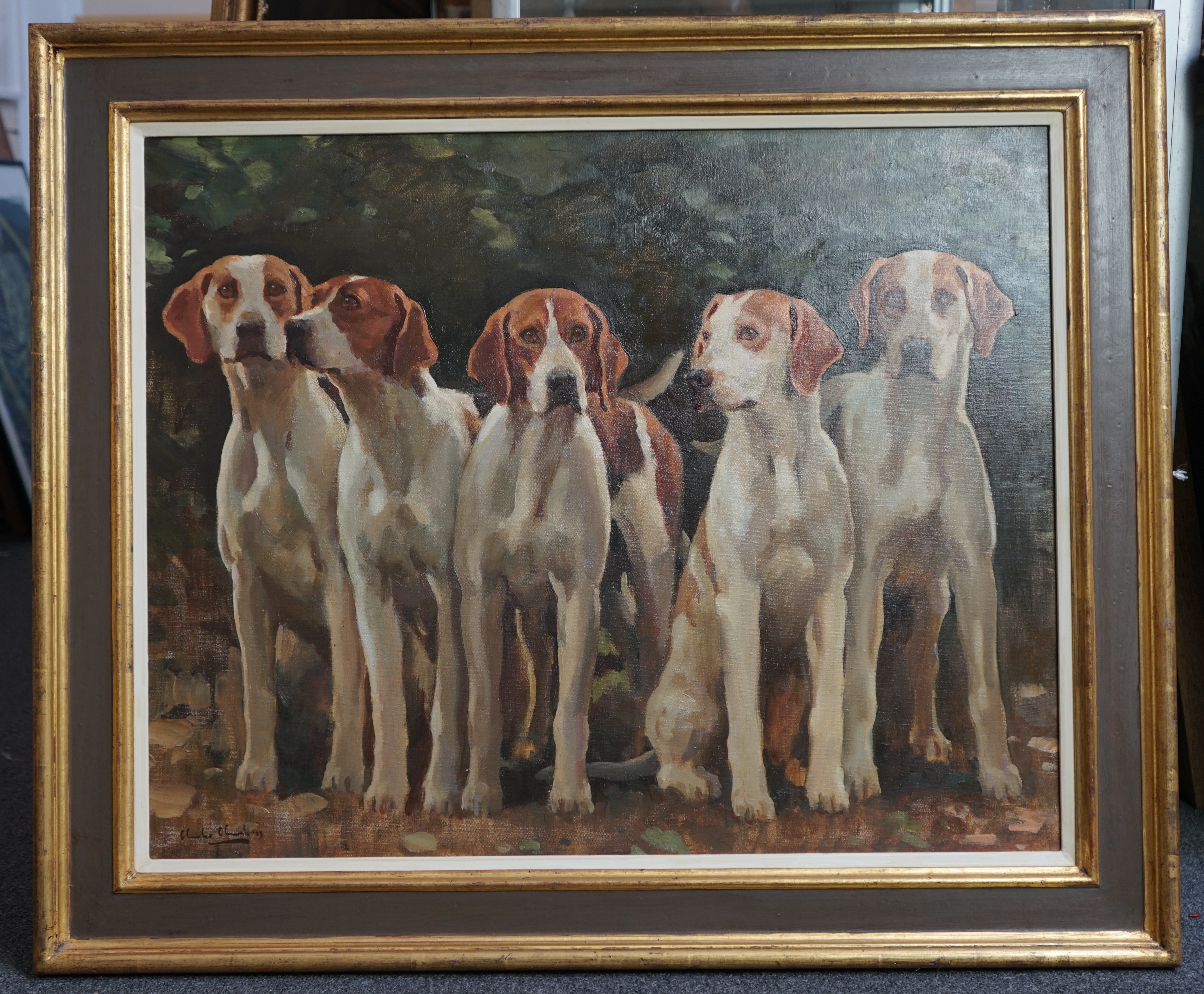 Charles Church (British, b.1971), Study of five hounds, oil on canvas, 60 x 75cm